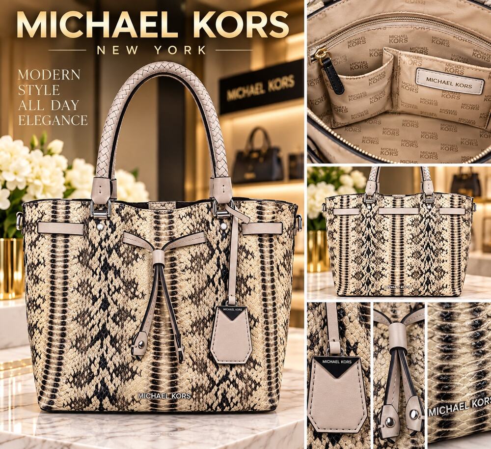 Michael Kors Blakely Medium Bucket Bag*neutral cream*black python-embossed